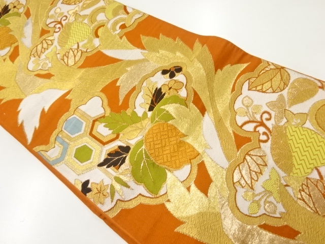 JAPNAESE KIMONO / ANTIQUE FUKURO OBI / SILK / WOVEN CLOUDS & HOLLYHOCK